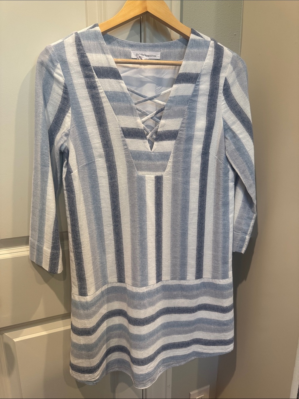 BCBGeneration lined 3/4 sleeve dress with multi blue & white stripes